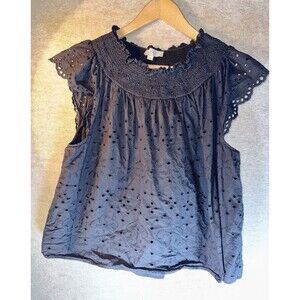 LOFT Women’s Size XL Eyelet Embroidered Smocked Neckline Cap Sleeve Blouse